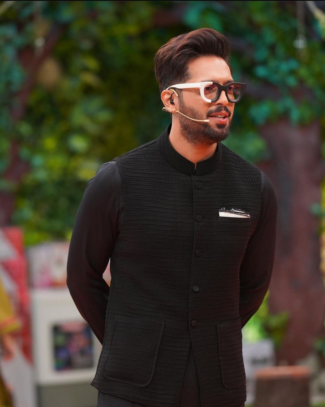 Black Embossed Waistcoat with Pleated Loop Kurta Trouser.