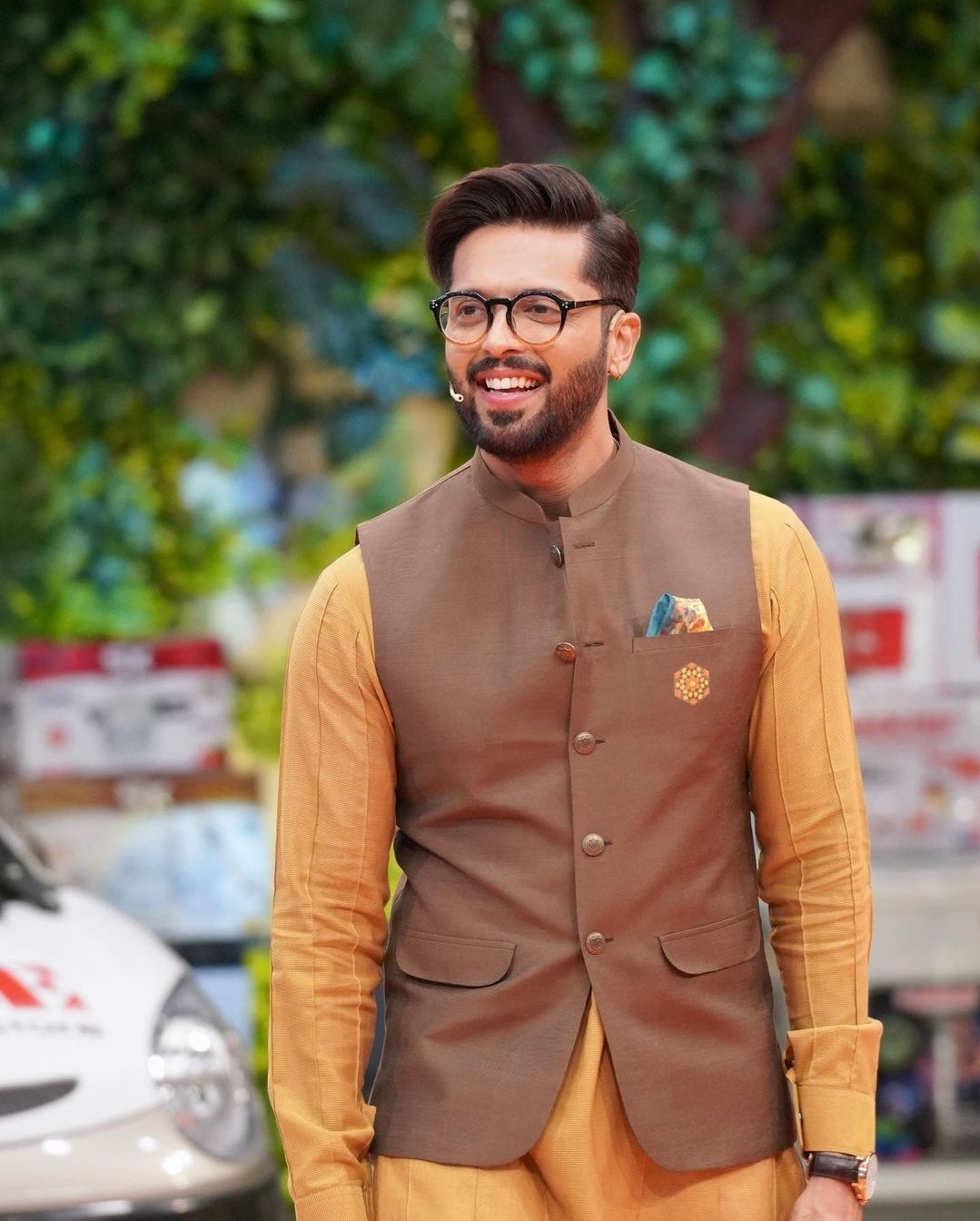 Mustard Kurta Trouser with Brown Cotton Silk Waistcoat.