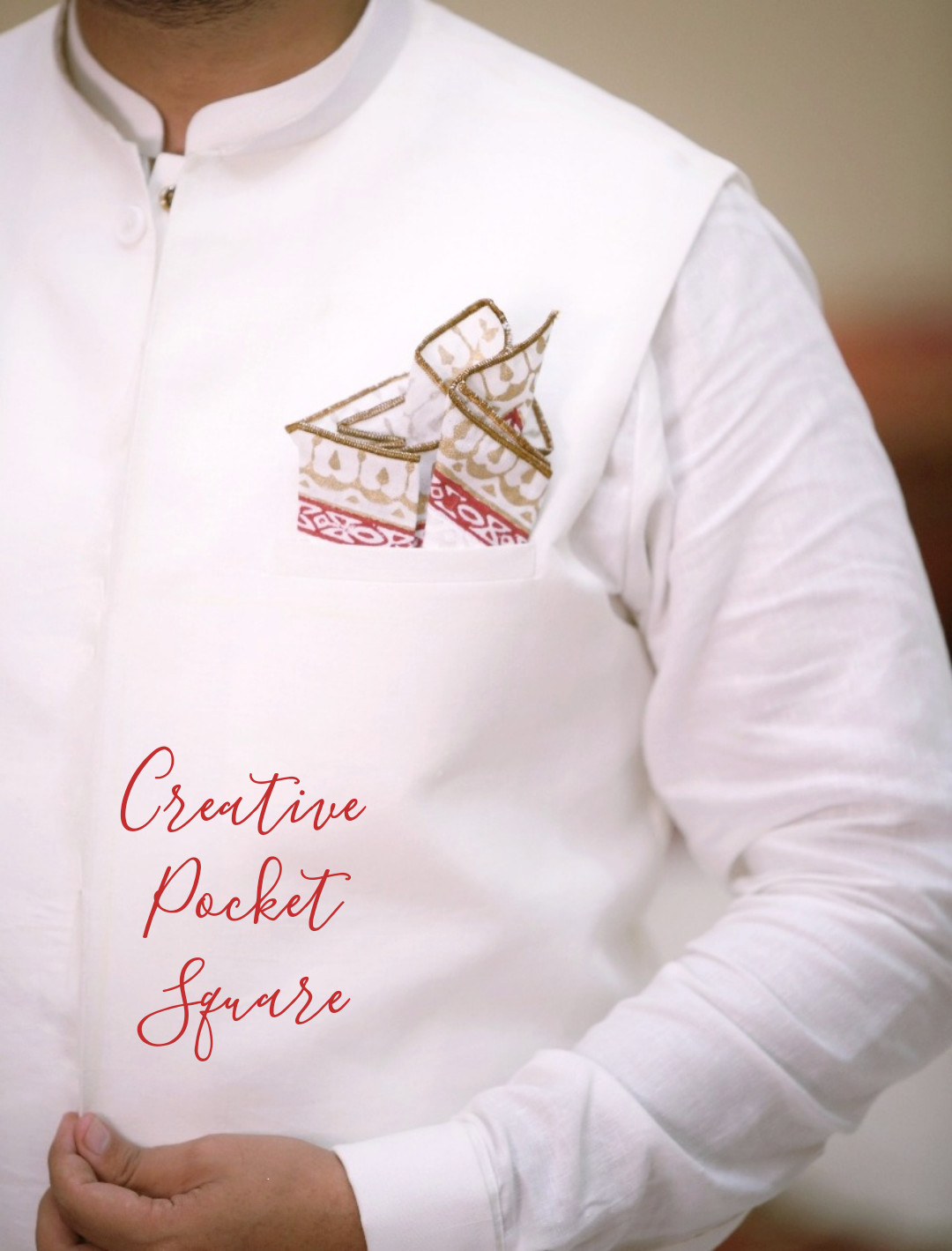 Multi Color Block Printed White Linen Pocket Square.