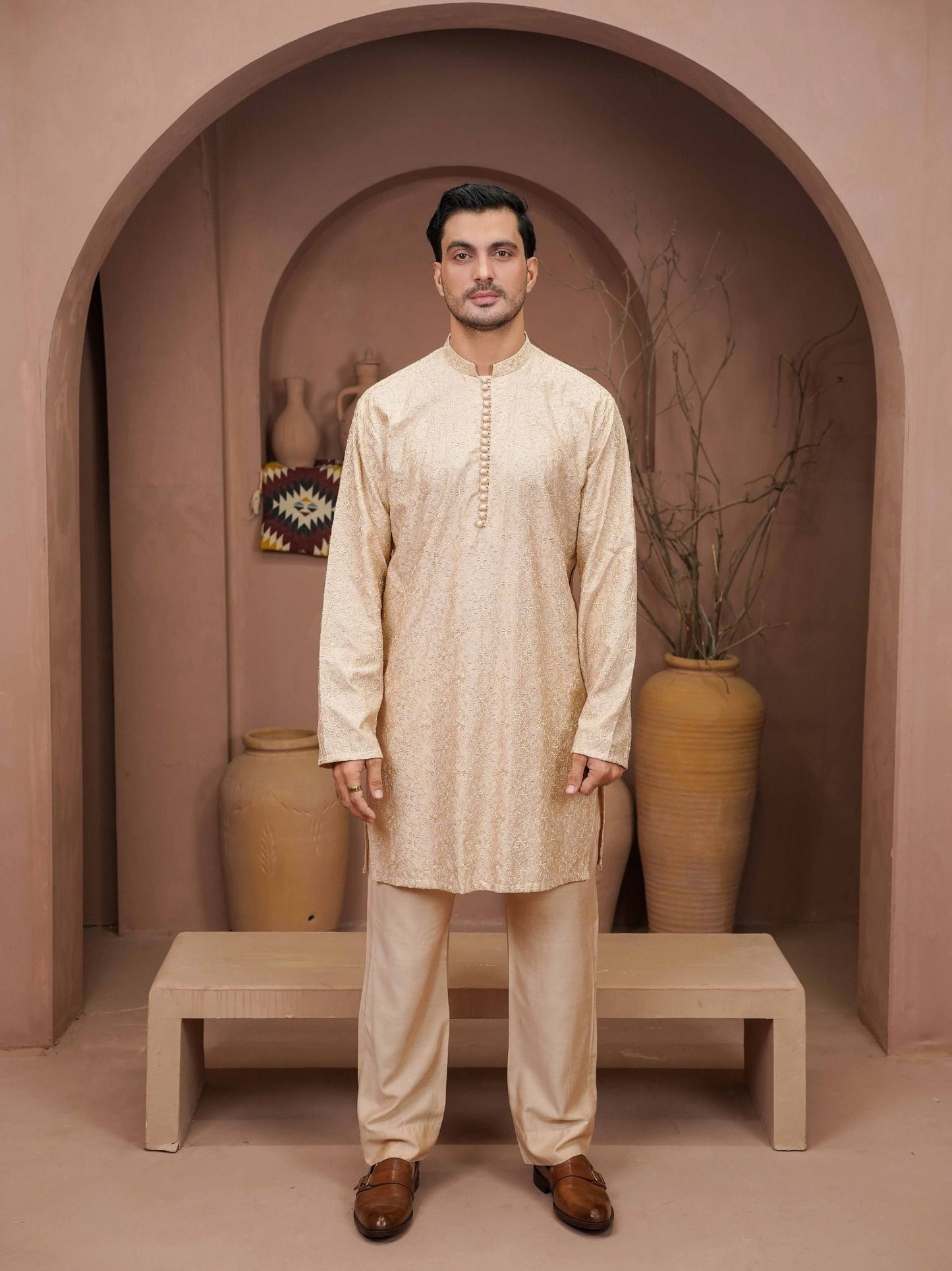 Beige Embroidered Kurta Trouser