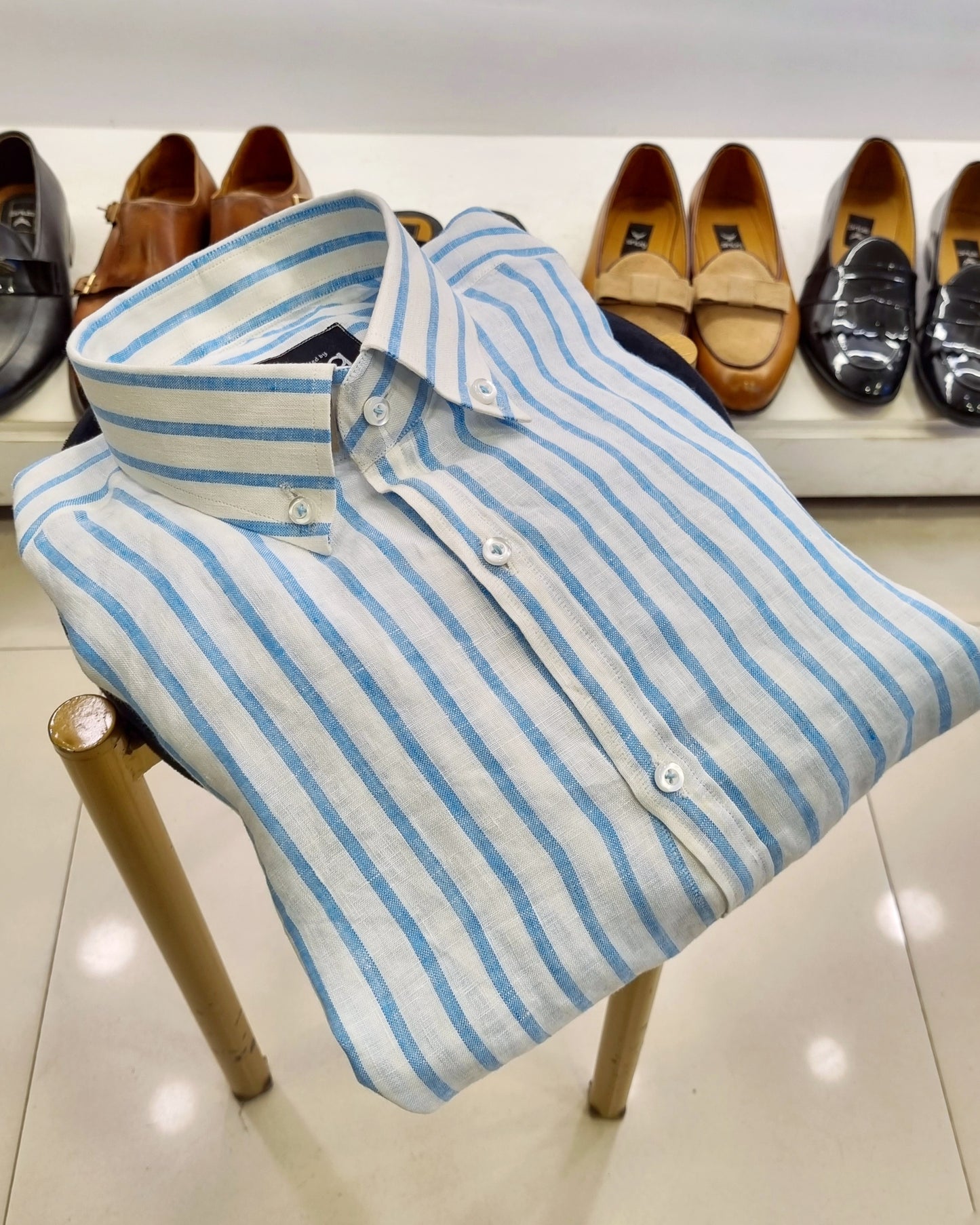 Vivid Sky Blue Linen Striped Shirt.