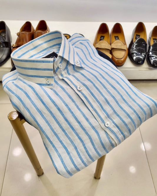 Vivid Sky Blue Linen Striped Shirt.
