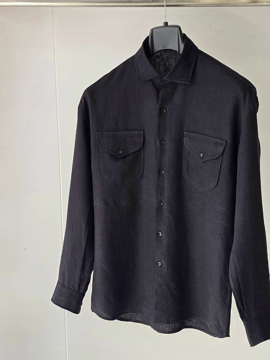 Black Drop Shoulder Linen Shirt.