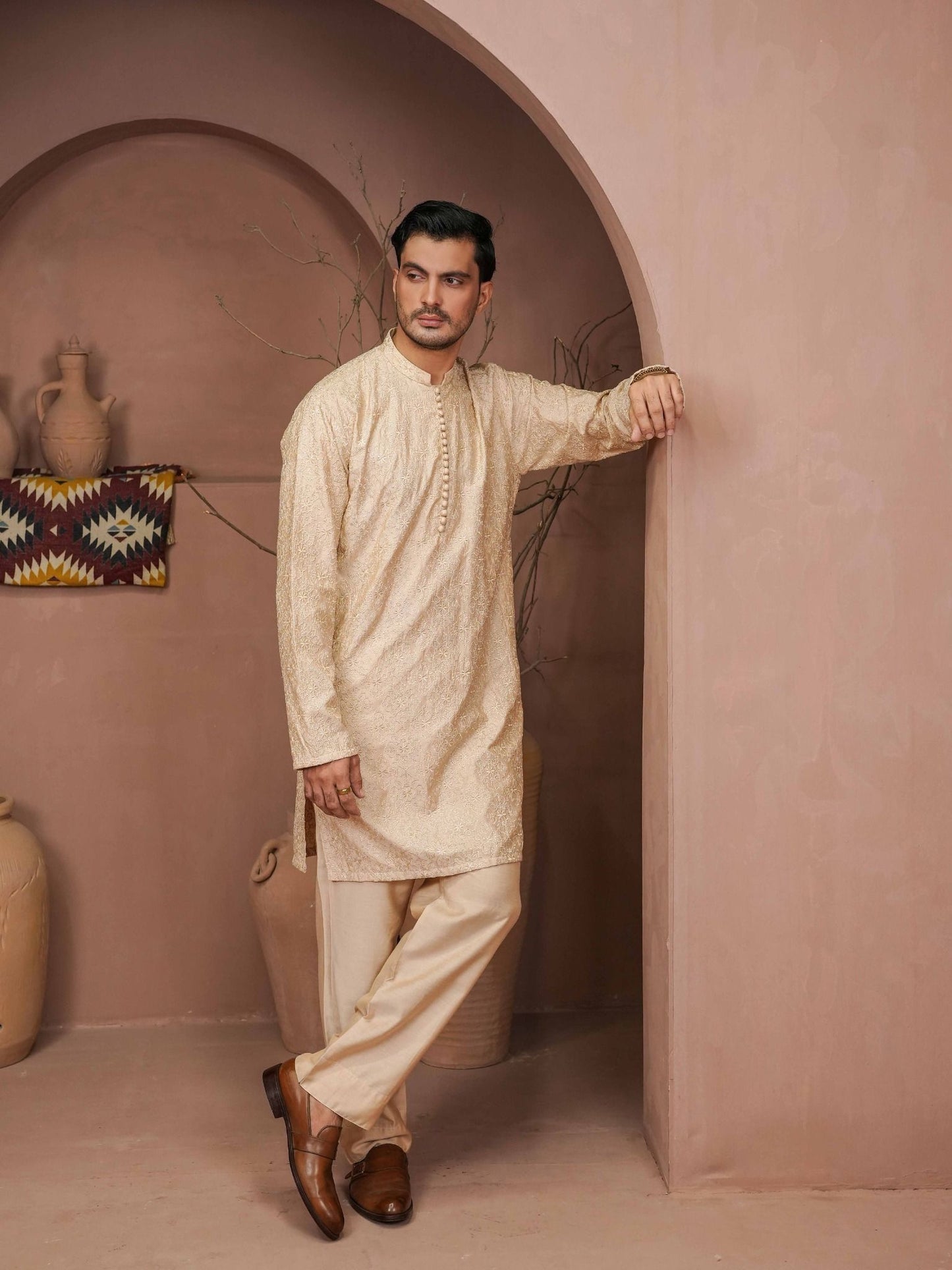 Beige Embroidered Kurta Trouser