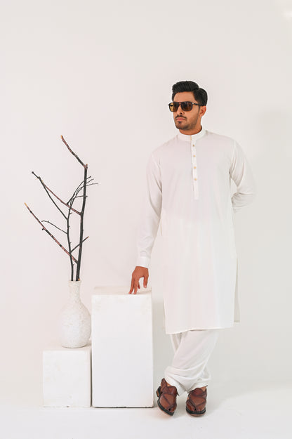 Off White Kurta Shalwar with Self Embossed Blazer