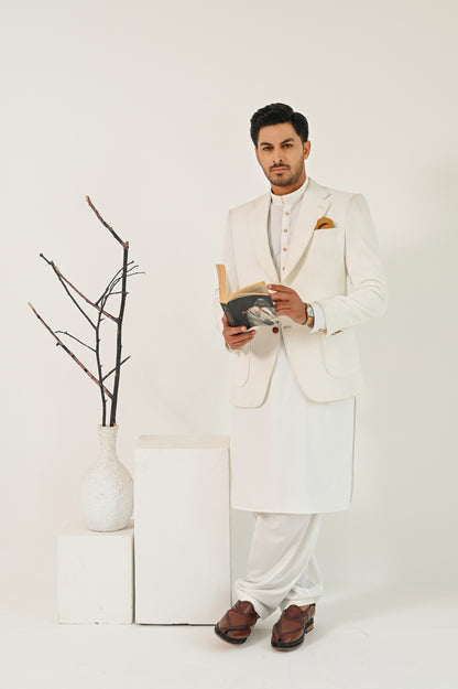 Off White Kurta Shalwar with Self Embossed Blazer