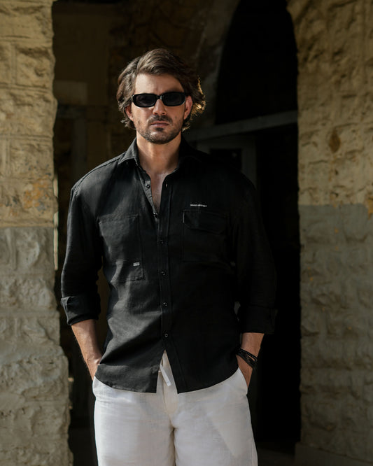 Black Linen Patched Shirt.