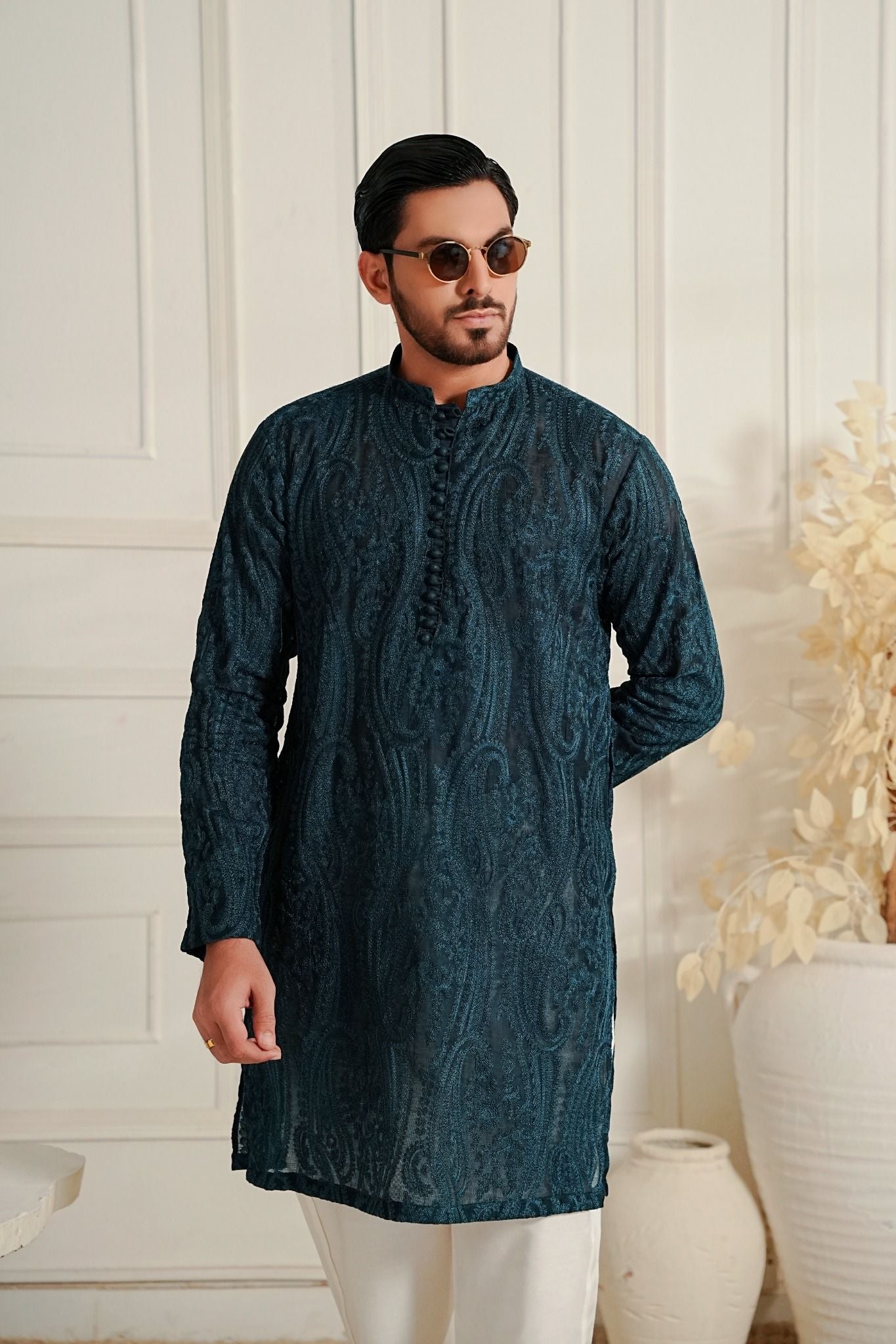 Bottle Green - Paisley Embroidered Kurta Trouser '26