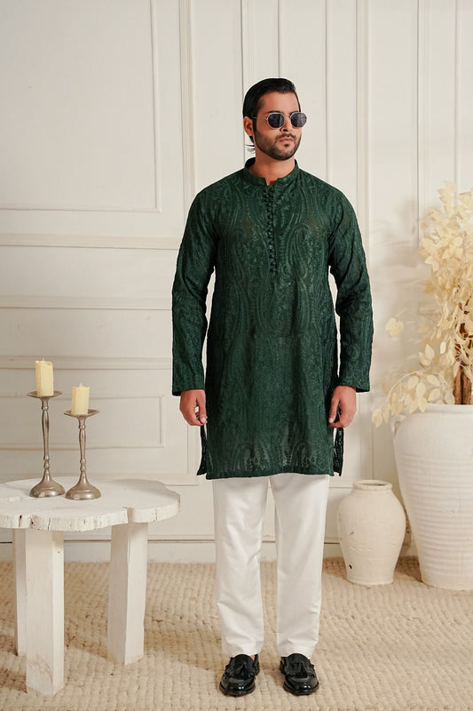 Bottle Green - Paisley Embroidered Kurta Trouser '26