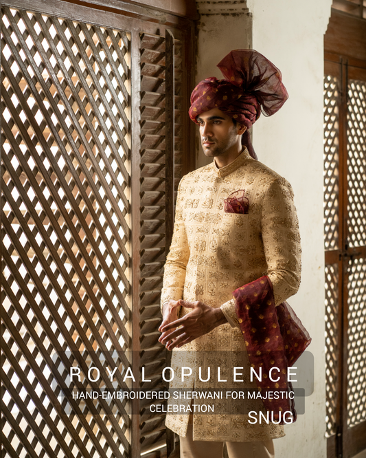 Royal Opulence - Hand Embroidered Sherwani for Majestic Celebration with Snug