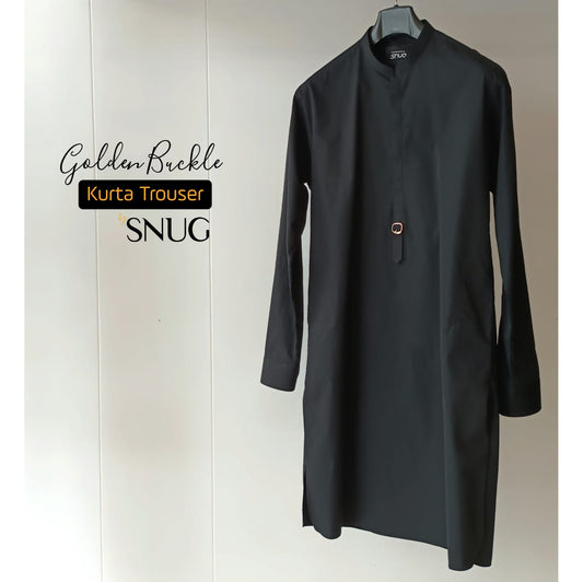 Black Buckle Kurta Trouser with 3 Feather Prince Coat