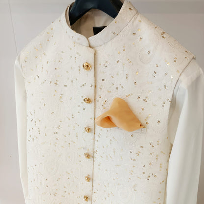 White Embroidered Paisleys Waistcoat with Kurta Trouser.