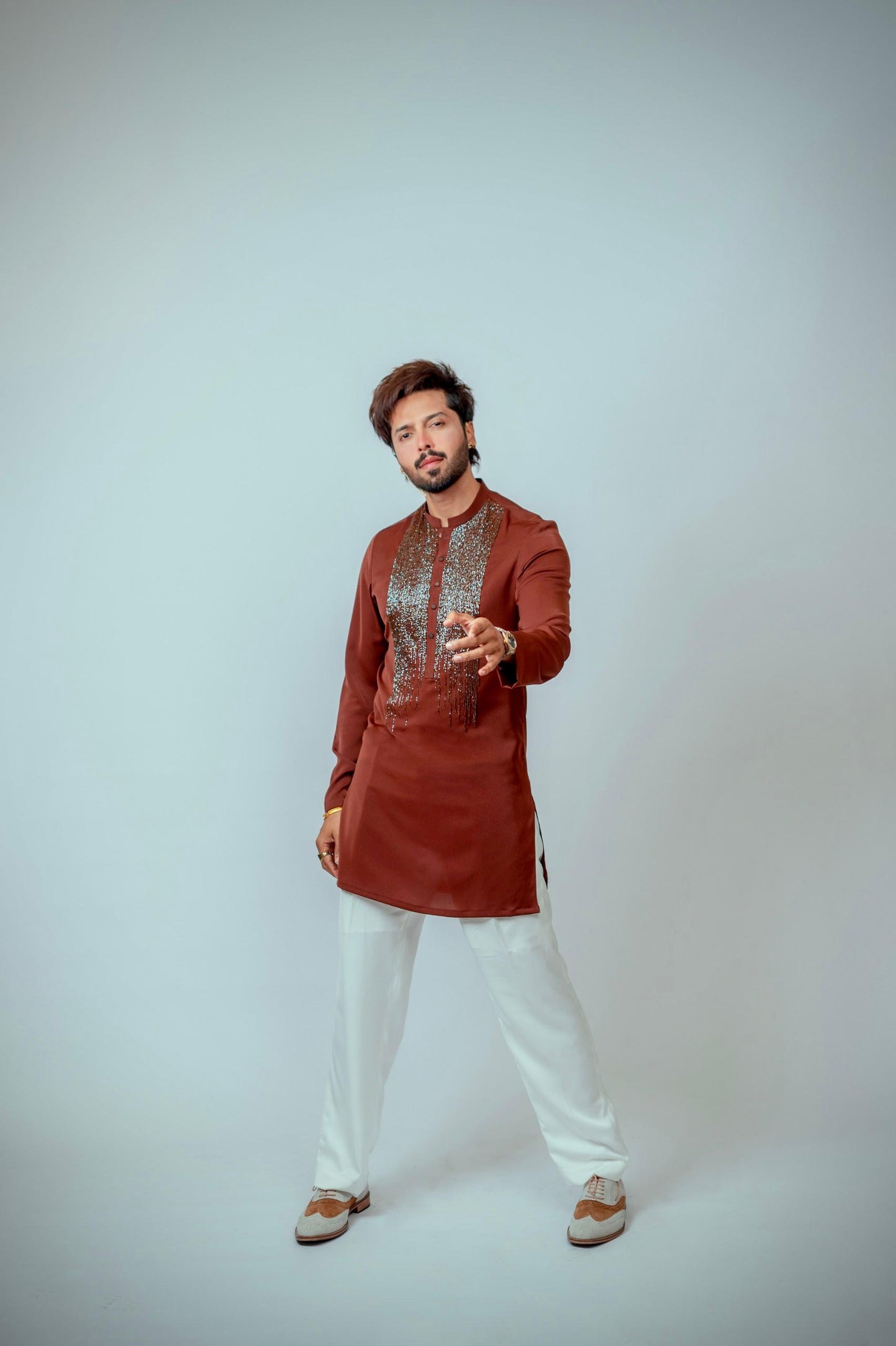 Snug's Tobacco Brown Hand-Embroidered Kurta Trouser Set: As Worn by Fahad Mustafa - Elevate Your Style.