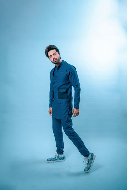 Royal Blue Linen Eagle Print Kurta Trouser Set with Waistcoat - Fahad Mustafa Collection.