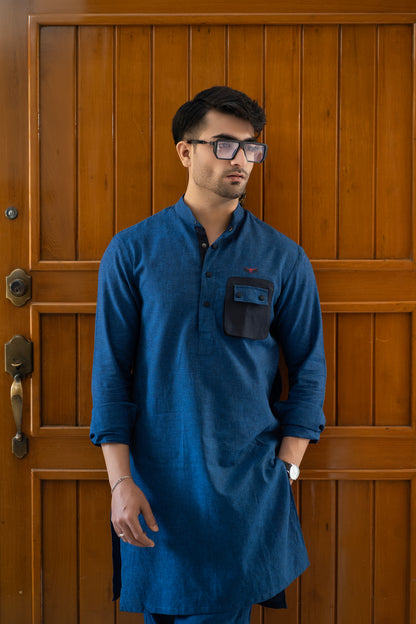 Royal Blue Linen Eagle Print Kurta Trouser Set with Waistcoat - Fahad Mustafa Collection.