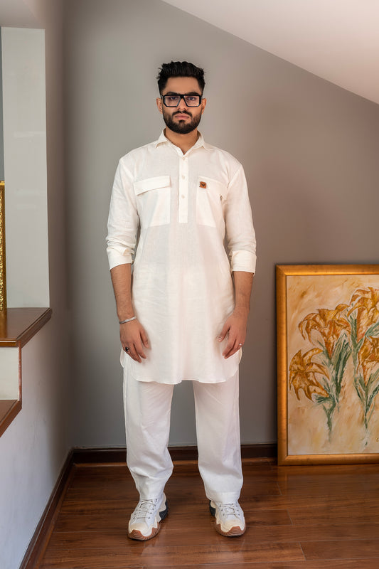 Chic White Linen Loose Kurta Trousers Combo with Dual Pockets
