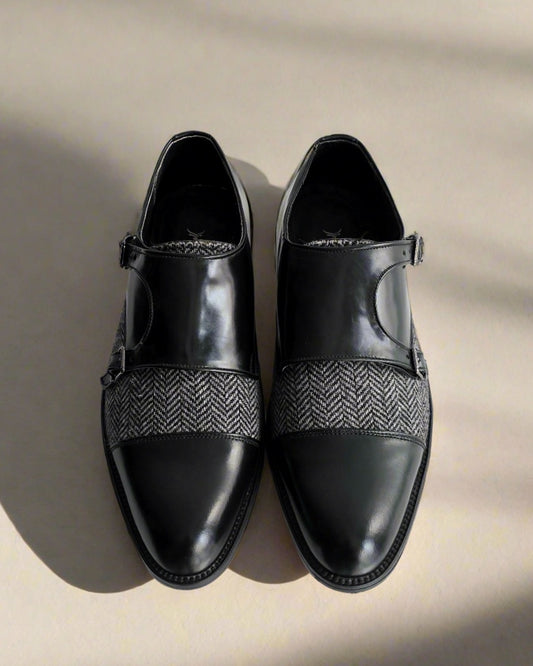 Tweed Contrast Black Monk Shoes.