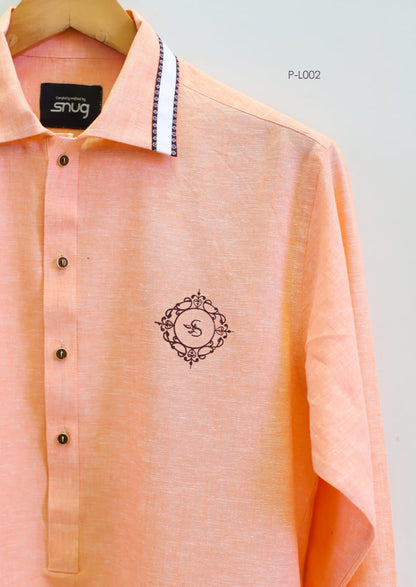Peach Linen Chest Logo Kurta and Trouser By Snug
