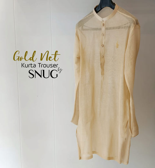 Gold Net Kurta Trouser With Leaf Waistcoat