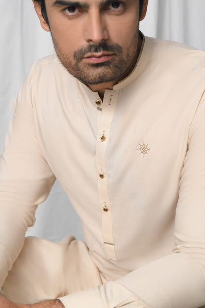 Beige Wash & Wear Kurta Shalwar with Brown Textured Waistcoat.