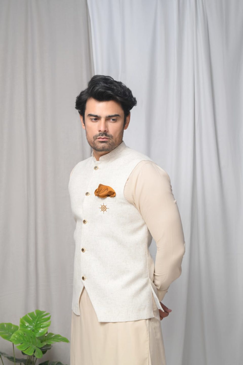Beige Wash & Wear Kurta Shalwar with Brown Textured Waistcoat.
