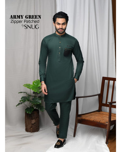Army Green Zipper Patched Kurta Trouser with Black Quilted Waistcoat