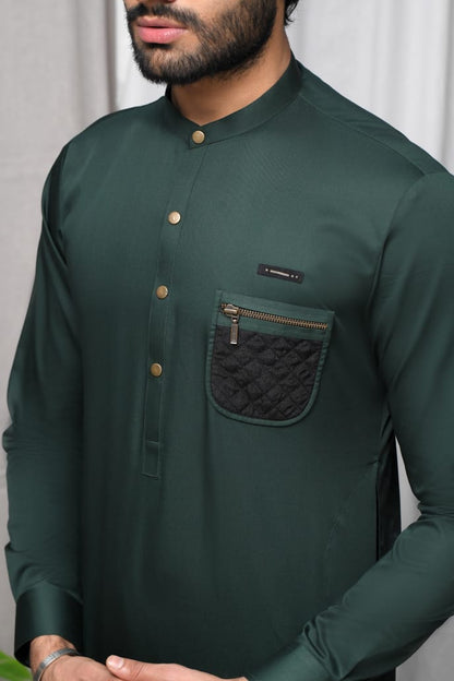Army Green Zipper Patched Kurta Trouser with Black Quilted Waistcoat