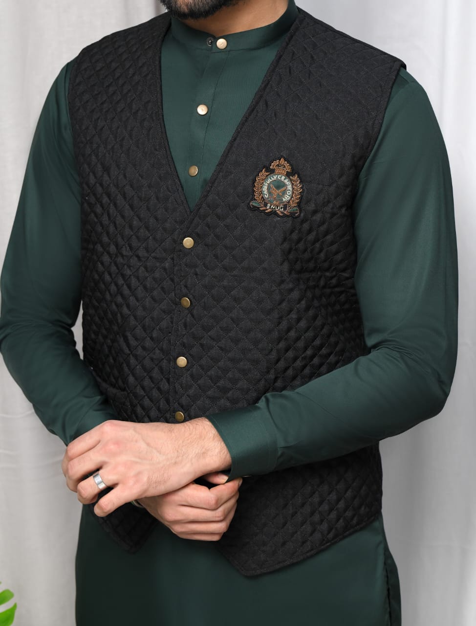 Black Quilted Embroidered Waistcoat.