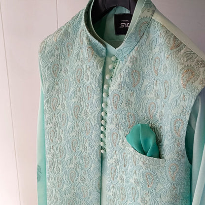 Aqua Long Embroidered Waistcoat