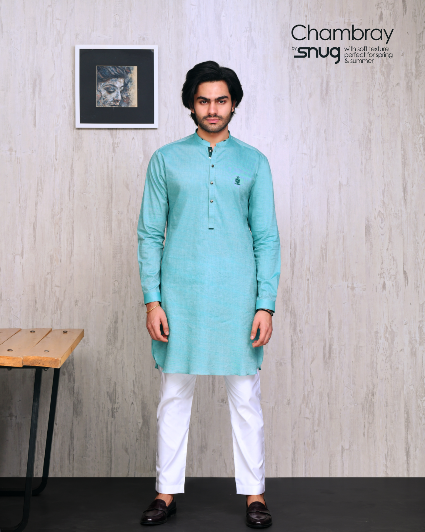 Beige Chambray Kurta with Pearl White Trouser