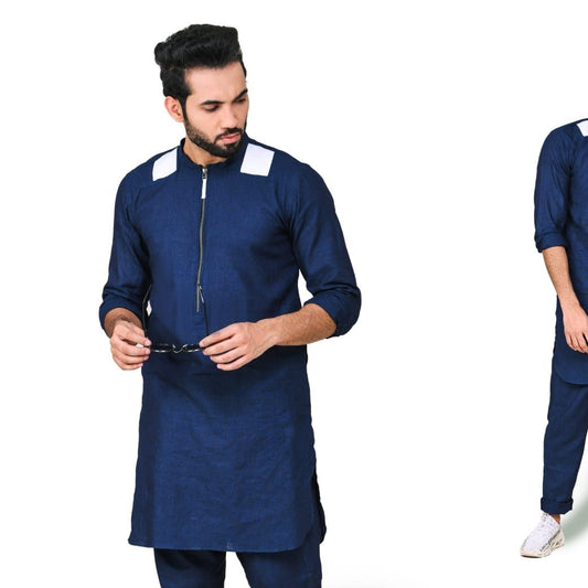 Blue linen with white patches Kurta trouser.