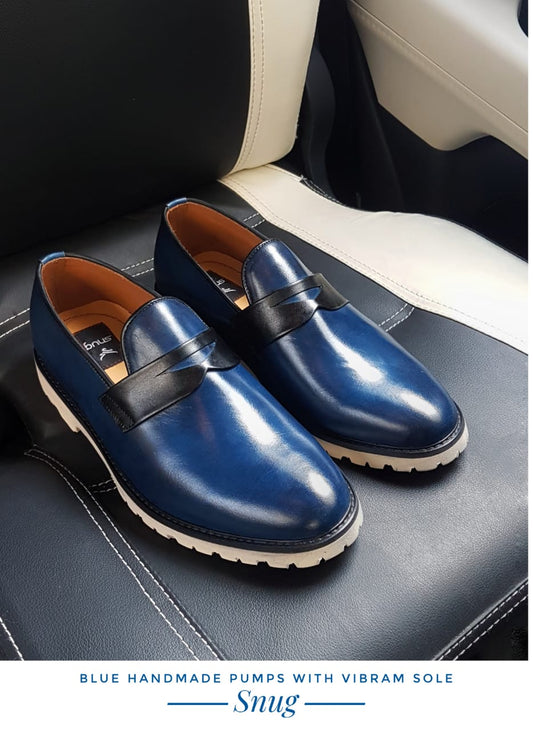 Hand made blue leather pumps with Vibram sole