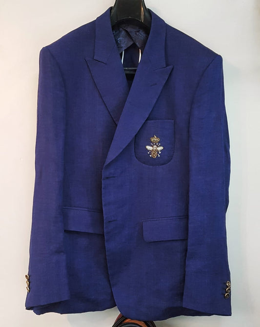 Hand Embroidered Linen Half Lining Royal Blue Coat By Snug