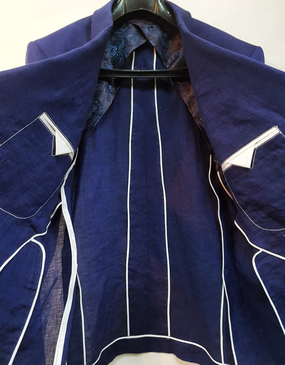 Hand Embroidered Linen Half Lining Royal Blue Coat By Snug