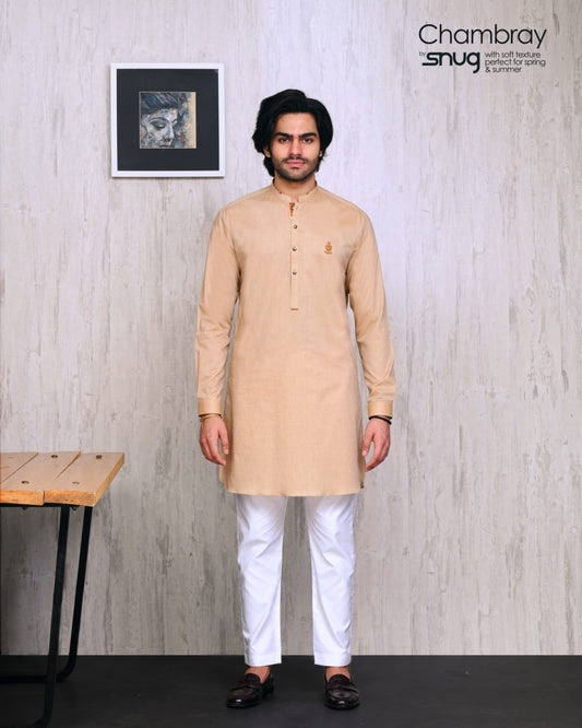 Beige Chambray Kurta with Pearl White Trouser